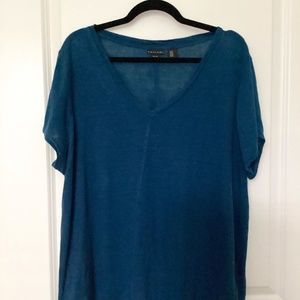 Tahari Womens 1X Turquoisish V-Neck Shirt 100% Linen Lightweight